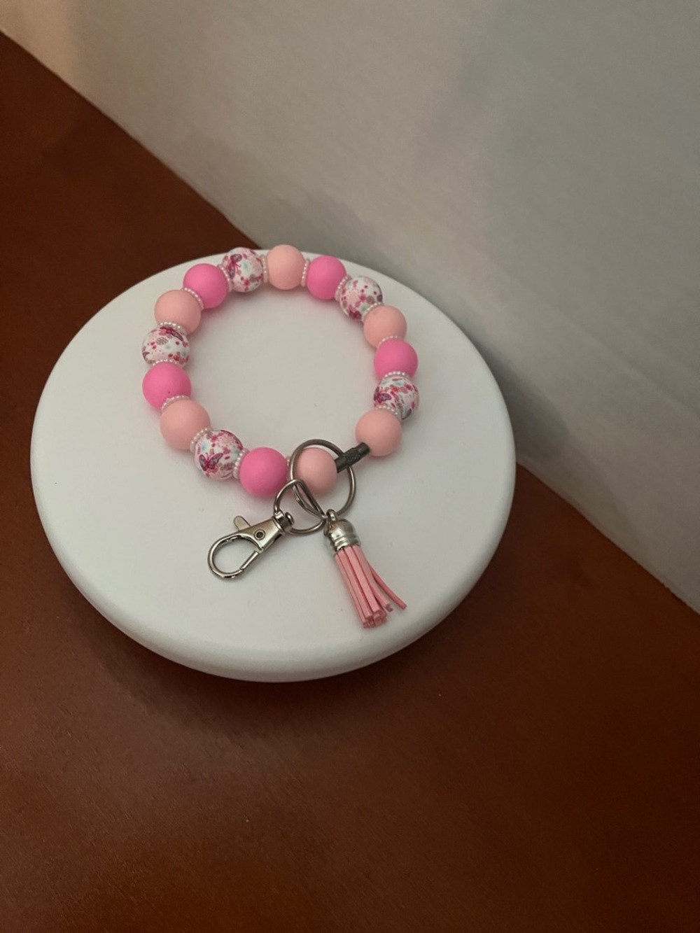 Pink Beaded Bracelet Keychain with Tassel Charm